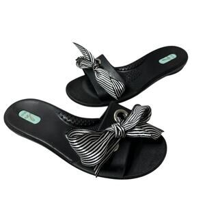 Oka B Small 6.5 Black White Stripe Bow Slide Flat Sandals Beachwear Vacation